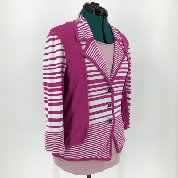 Orly Pink and White 3/4 Sleeve Cardigan, Large - Picture 10 of 16